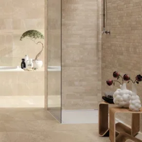 Badkamer betegeld met Vloertegel 60x120 cm Leisteenlook Fila Beige CR4