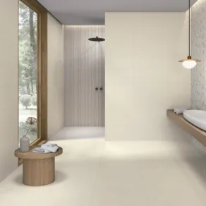 Badkamer betegeld met vloertegel 30x60 cm en 60x60 cm Betonlook Betoncire Licht Taupe Greige N122