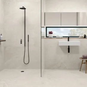 Badkamer betegeld met vloertegel Betonlook Babylon Licht Beige NAV119