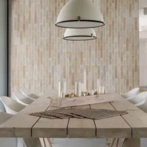 Eetkamer betegeld met wandtegel 5x25 cm Brooklyn Camel beige bruin LF2