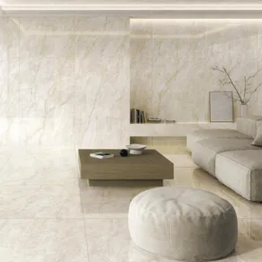 Gepolijste vloertegel 120x120 cm Marmerlook Taj Beige N149 als woonkamer vloertegels gebruikt