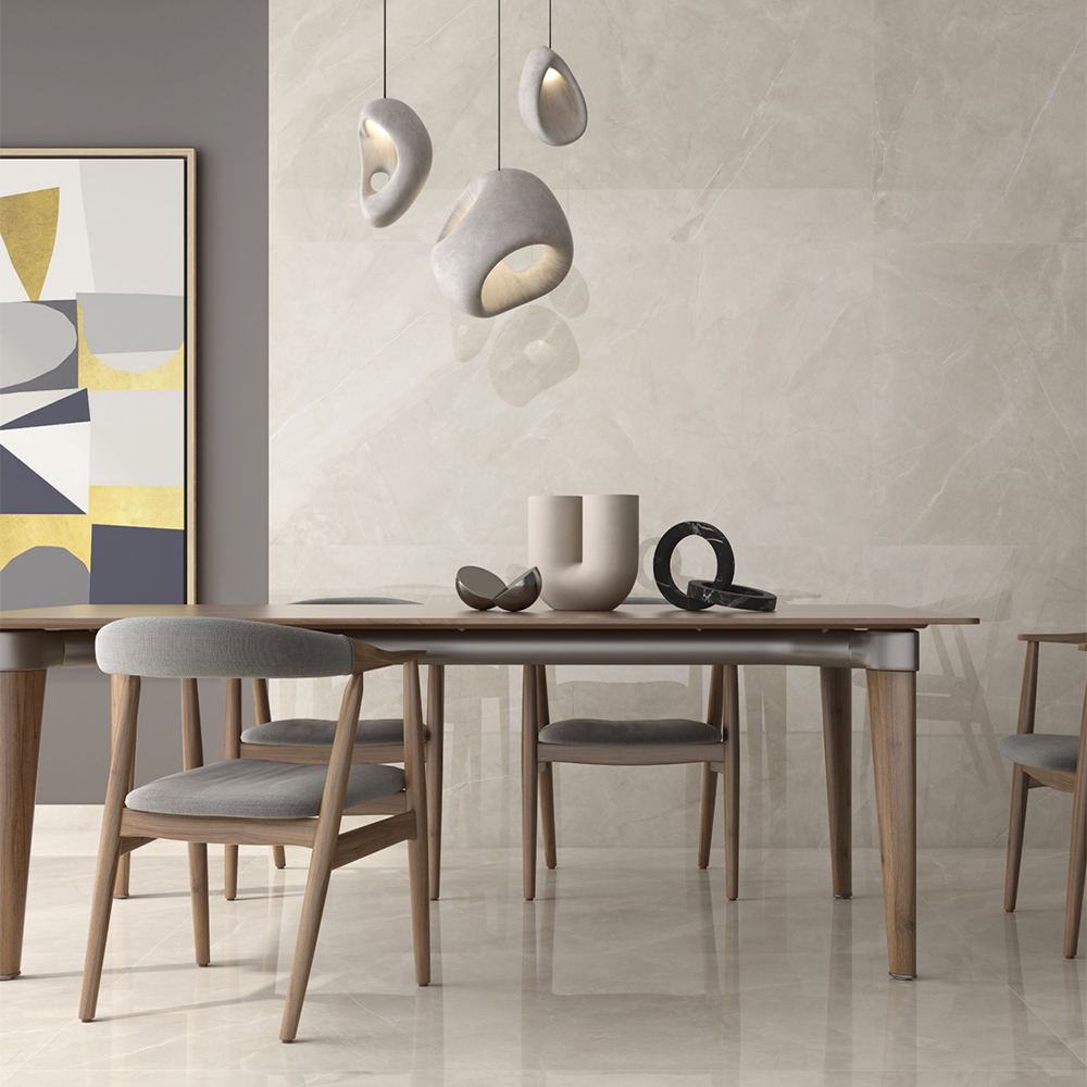 Gepolijste vloertegel Marmerlook Malaga beige G63 in de eetkamer gelegd_inspiratie foto