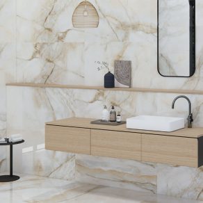 Gepolijste vloertegel Marmerlook Onix Goud R109 in de badkamer gelegd_inspiratie foto