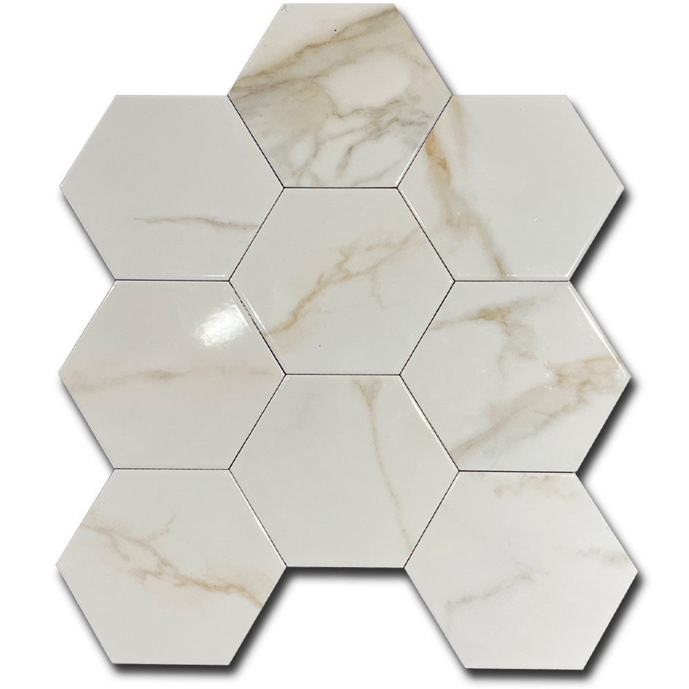 Hoogglans Hexagon Vloertegel 15x17 cm marmerlook goud C107