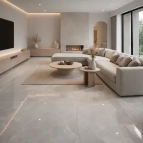 Hoogglans vloertegel 60×120 cm marmerlook Onyx Licht Grijs NR22 in de woonkamer gelegd