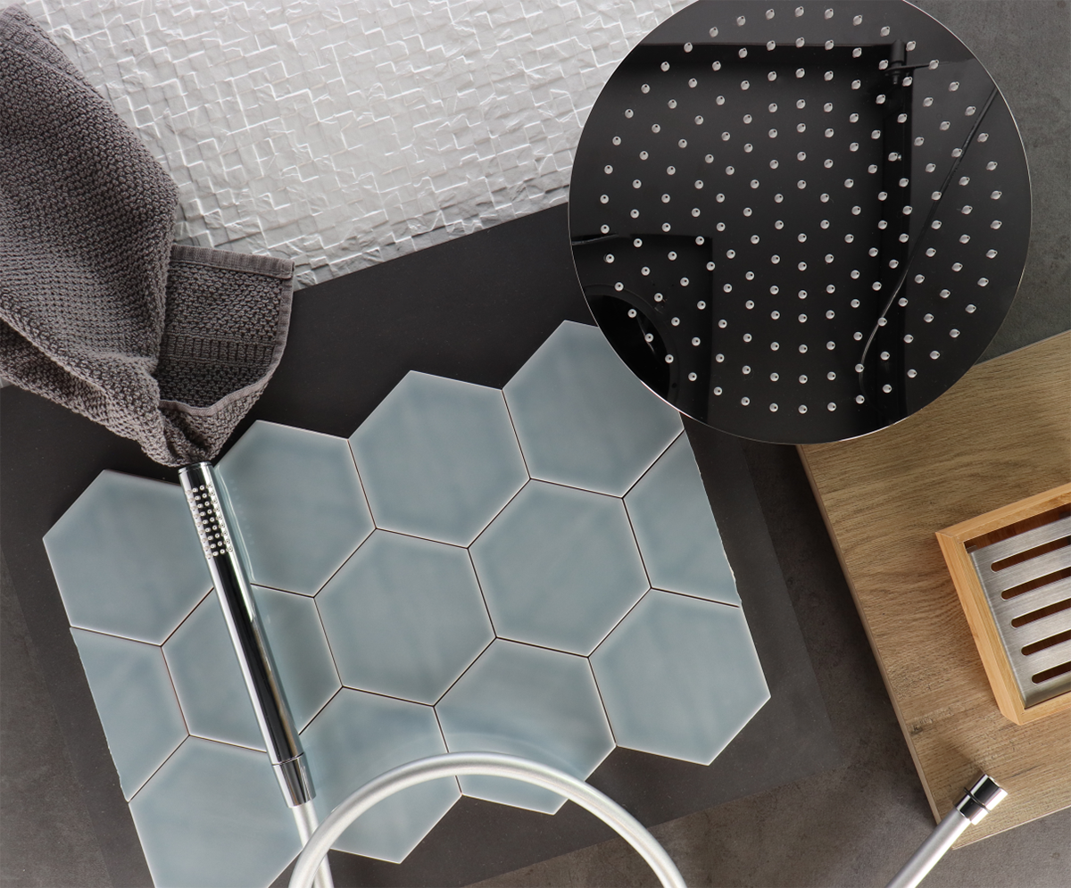 Deze hexagon wandtegel van Princeton series is ook verkrijgbaar in verschillende kleuren. Ga naar www.rbsanitair.nl om ons sanitair assortiment zoals op het moodboard te bekijken.