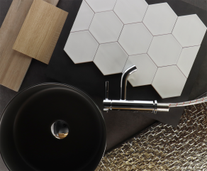 Deze hexagon wandtegel van Princeton series is ook verkrijgbaar in verschillende kleuren. Ga naar www.rbsanitair.nl om ons sanitair assortiment zoals op het moodboard te bekijken.