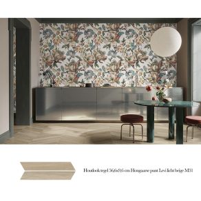 Houtlook tegel 56,6x9,6 cm Hongaarse punt Levi licht beige M31 inspiratie foto