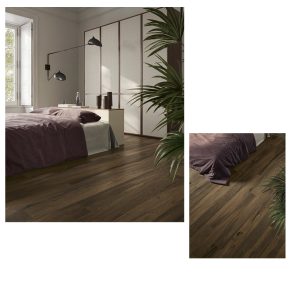 Houtlook tegel Levi donker bruin M34 in de slaapkamer gelegd_inspiratie foto