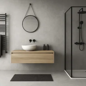 Industriele badkamer betegelgd met vloertegel natuursteenlook Portland Licht Grijs N83-ilustratie