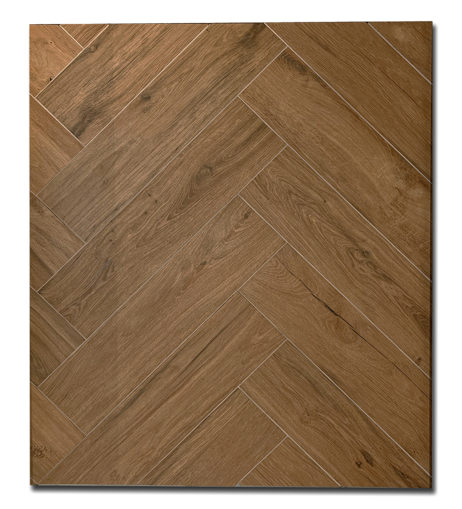 Keramisch parket 15x60 cm Brescia bruin CC40- visgraat voorbeeld op de vloer