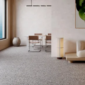 Keuken en woonkamer betegeld met vloertegel 60x60 cm Terrazzo Naville Bruin Taupe Grijs NAV137