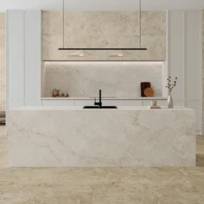 Keuken vloer betegeld met vloertegel 120x120 cm Natuursteenlook Savona Donker Beige N120