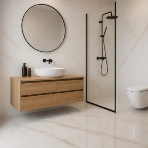 Moderne badkamer betegeld met vloertegel 60x120 cm Marmerlook Carrera Goud wit NR81 en hoogglans vloertegel 60x120 cm Marmerlook Carrera Goud wit NR82