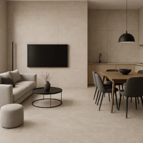 Moderne woonkamer met vloertegel 60x60 cm Natuursteenlook Portland Greige Taupe N82