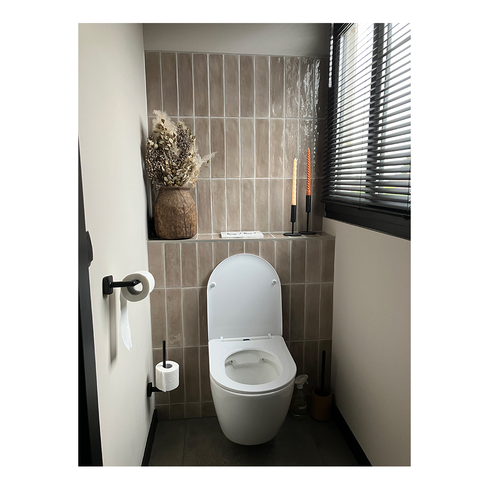 Wandtegel 7,5x30 cm Glans Beige Bruin RBT178 als toilet wandtegels gelegd