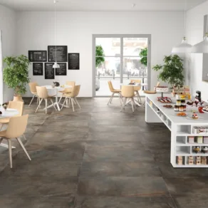 Restaurant betegeld met Vloertegel 60x120 cm Metallook JF Roest Antraciet N150