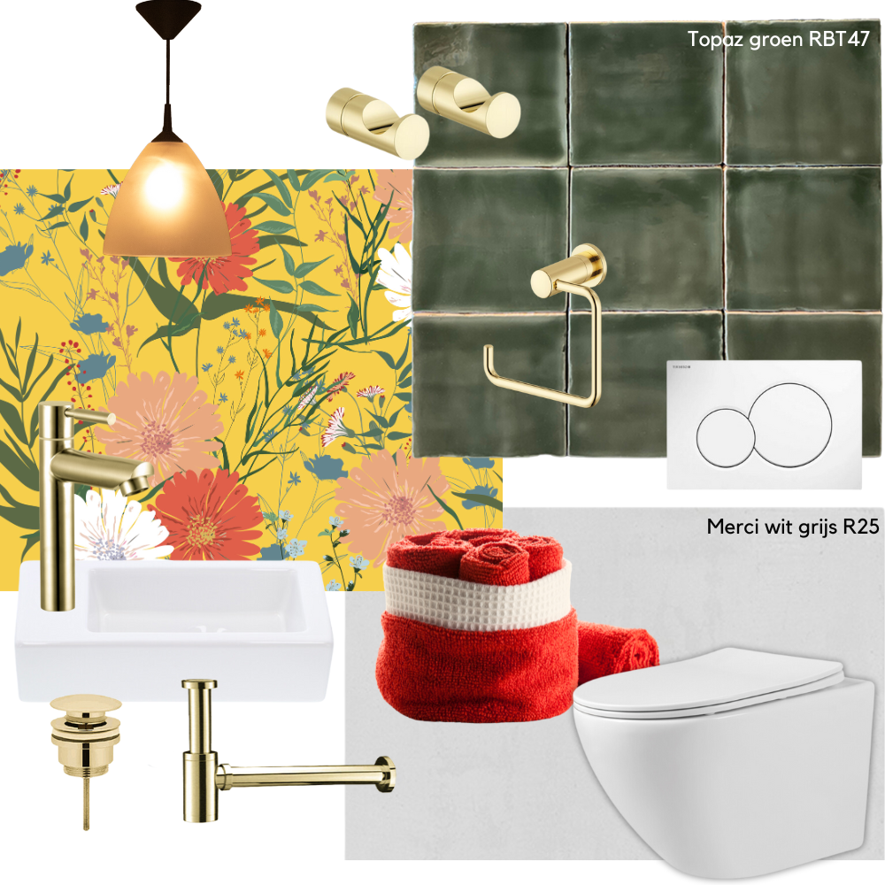 Toilet inspiratie met bloemmotief en vintage tegels - moodboard