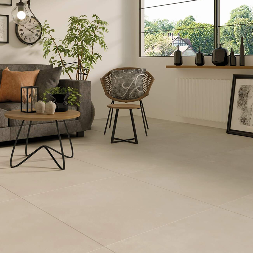 Vloertegel 120x120 cm Betonlook Lux Beige NAV74 inspiratie foto