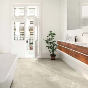 Vloertegel 30x60 cm Marmerlook Emila Taupe Beige R10 DC161 als vloertegels voor badkamer gelegd