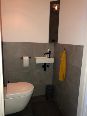Vloertegel 30×60 cm Betonlook Ariel Antraciet NR 20 als toilet wand.