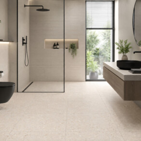 Vloertegel 59,5x59,5 cm Terazzolook Pista Beige R10 N159 als badkamer tegelvloer