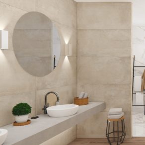 Vloertegel 60x120 cm Betonlook Cotto Beige R128 als badkamer wandtegels gelegd