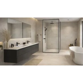 Vloertegel 60x120 cm Betonlook Parijs Zandbeige NR18 in de badkamer