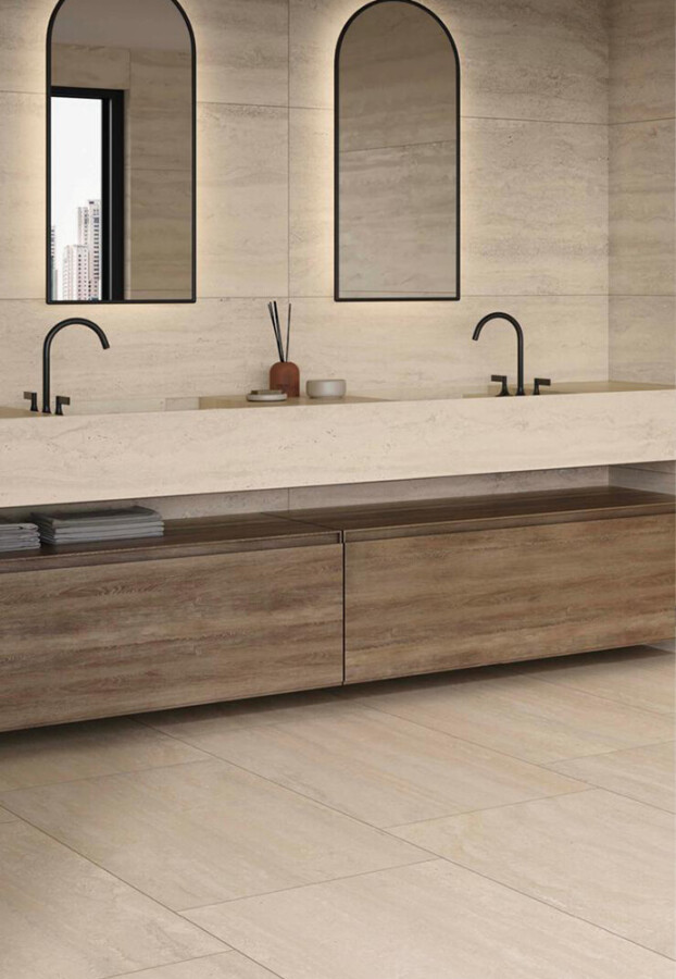 Vloertegel 60x120 cm Travertinlook Rimini Taupe N126 als badkamertegels