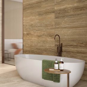 Vloertegel 60x120 cm travertinlook Hermes bruin beige G62 in de badkamer gelegd_inspiratie foto