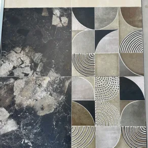 Vloertegel 60x60 cm Terrazzo Argo Zwart R10 DC140 en Vloertegel 60x60 cm Decortegel mix Inferno R10 DC143_