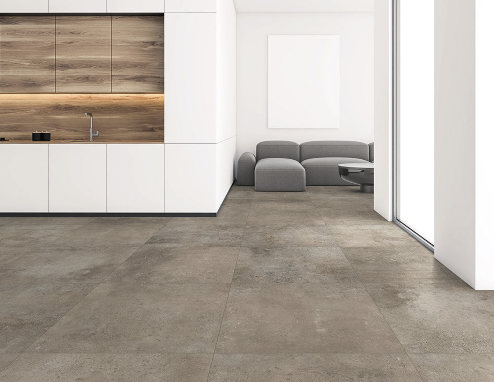 Vloertegel 60x60 cm betonlook Taranto taupe RBT142 - in de woonkamer