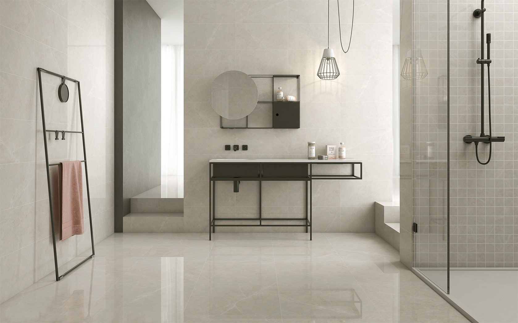 Vloertegel 60x60 marmerlook Toledo Creme R33 - gebruik in de badkamer