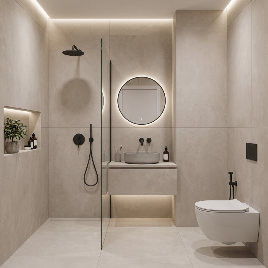 Vloertegel 60×120 cm Betonlook Sevilla taupe G54 in de badkamer