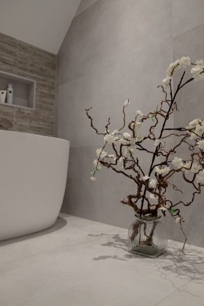 Vloertegel 60×120 cm Betonlook wit grijs Lux Bianca A21 in de badkamer gelegd