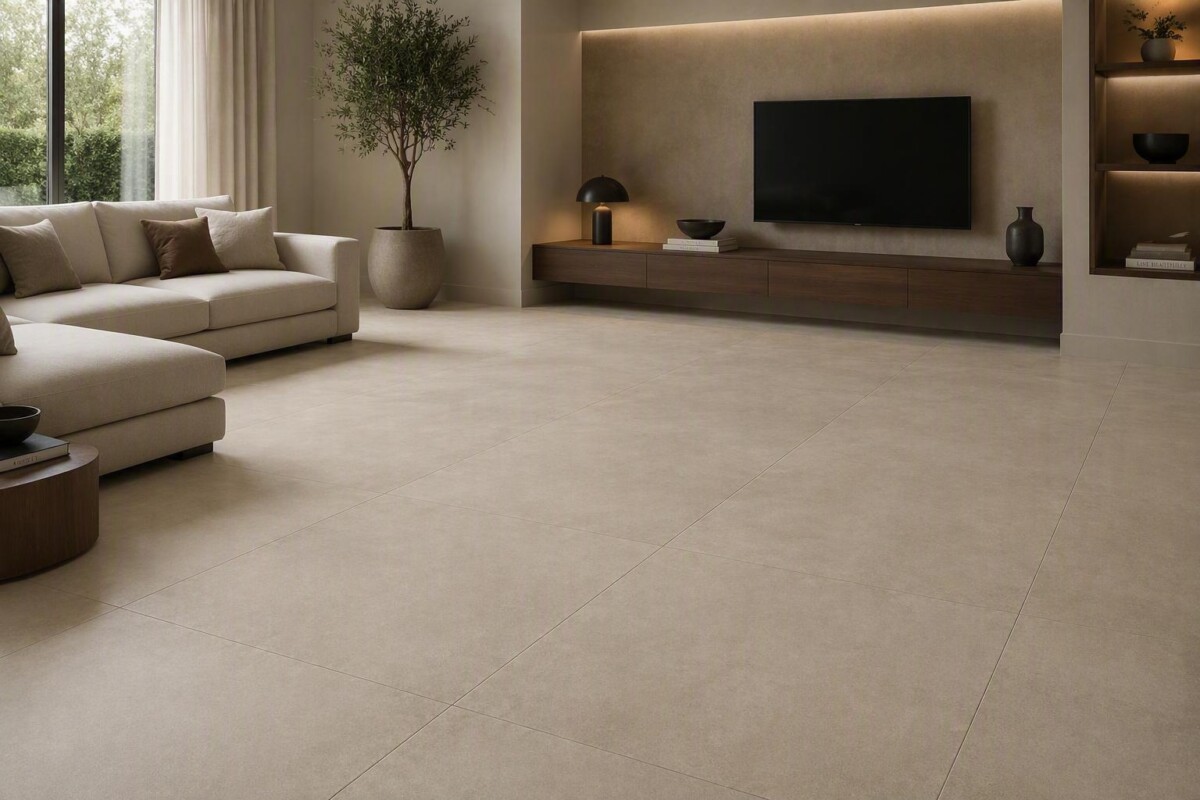 Vloertegel 90x90 cm Betonlook Sevilla taupe G54 als woonkamertegels