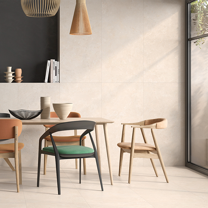 Vloertegel Frans kalksteen imitatie Pignan Beige G55 in de eetkamer gelegd_inspiratie foto