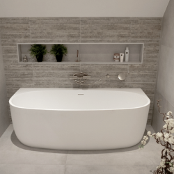 Voorbeeld hoe je 3D mozaïek tegels in steenstrip look met licht grijs betonlook tegels in de badkamer kan gebruiken.
