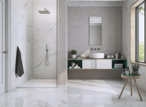 Wandtegel 30×90 cm Statuario marmerlook Rambu mat wit C223 - sfeerfoto