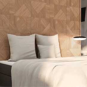 Wandtegel 60x120 cm Houtlook Decortegel Bruin R123 in de slaapkamer gelegd_inspiratie foto