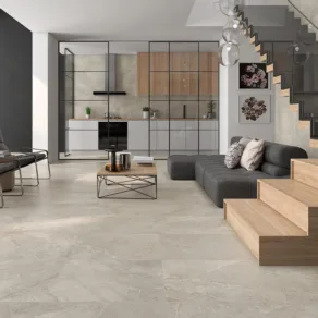 Woonkamer betegeld met vloertegel 60x60 cm Natuursteenlook Nature Licht Beige NAV128